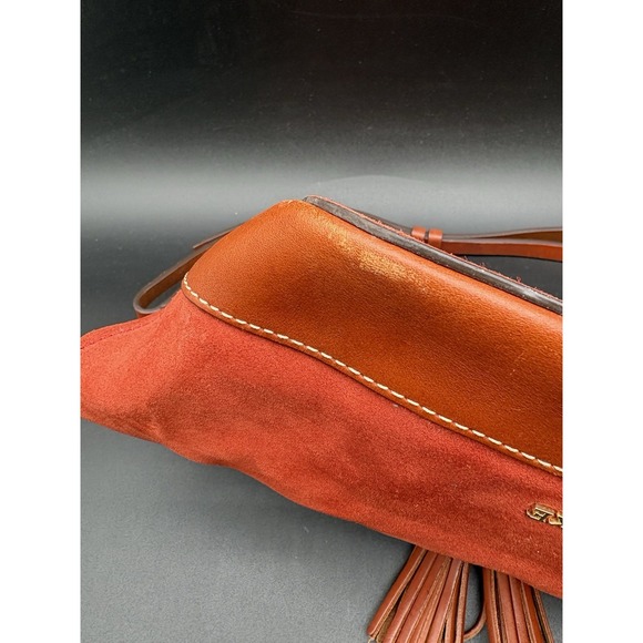 Dooney & Bourke Suede Drawstring Bucket Bag Orange Rust Tassel Leather Vintage - Picture 6 of 14